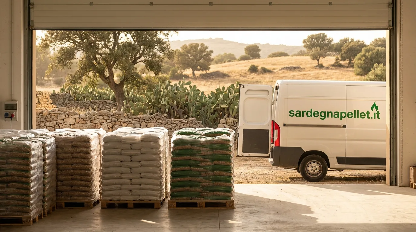 Bancali di pellet in sacchi da 15 kg e furgone Sardegna Pellet pronto per la consegna